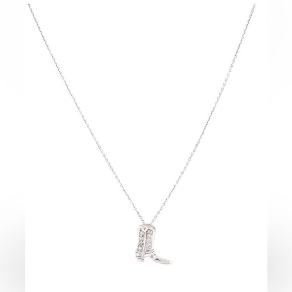 14K White Gold Real Diamond Western Cowboy Cowgirl Boot Pendant Necklace